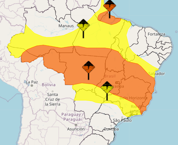 Alerta de tempestades para 15 estados e o Distrito Federal.