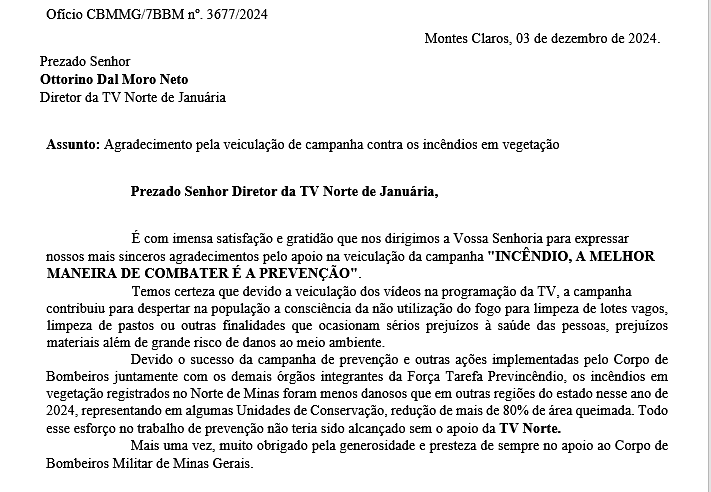 Batalhão dos bombeiros de Januária agradece a TV Norte